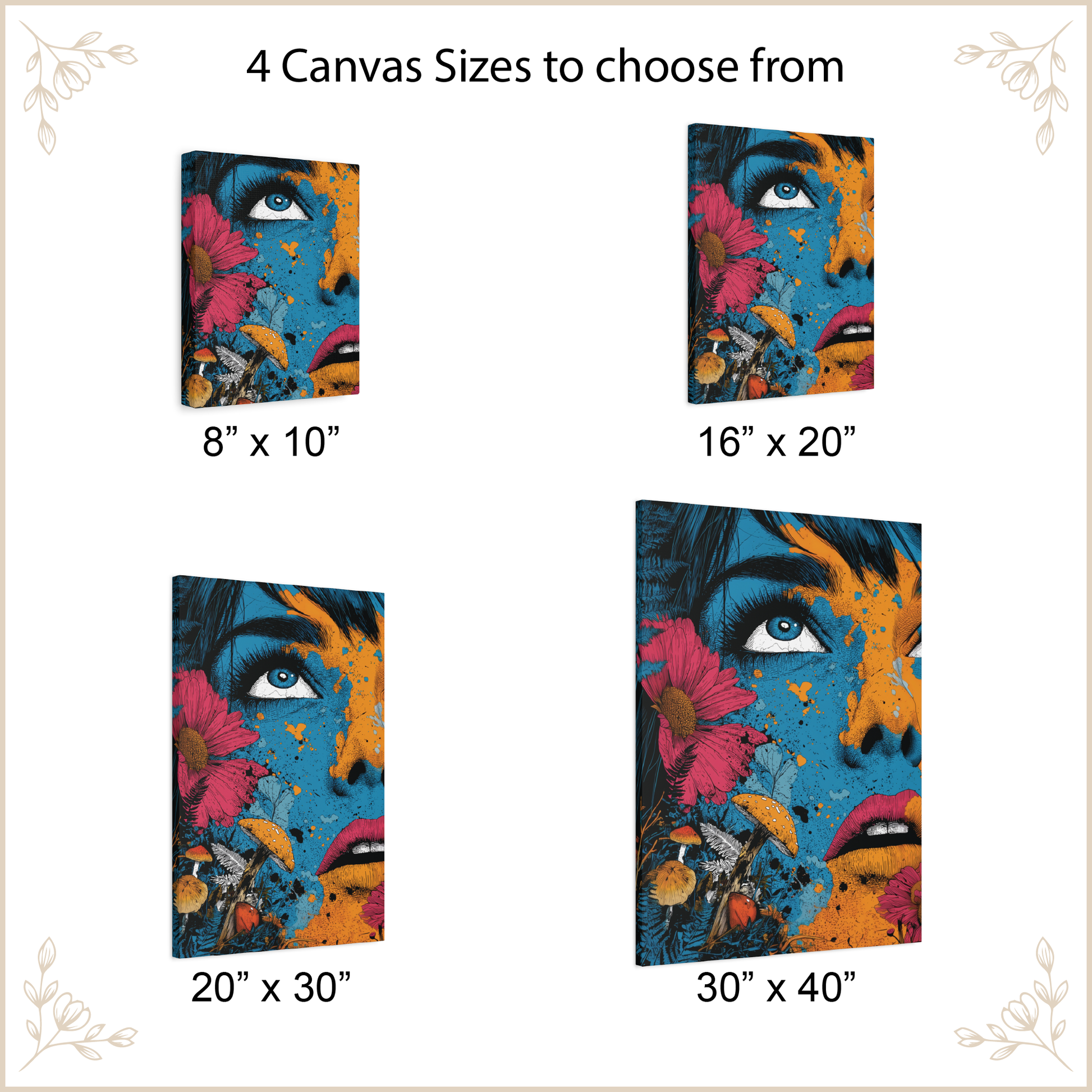 Canvas art with a colorful face design and size options displayed.