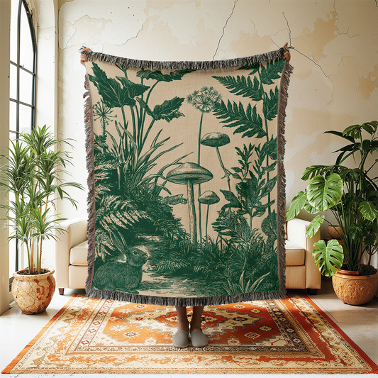 Rabbit Woven Blanket, Botanical Tapestry Wall Hanging, Goblincore Mushroom Jacquard Throw, Cottagecore Woodland Animal, Spring Sofa Decor