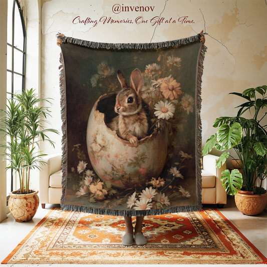 Woven blanket with rabbit and egg graphic