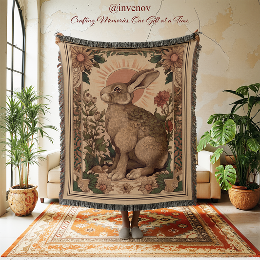 Decorative tapestry with a rabbit design in a room with plants and furniture.