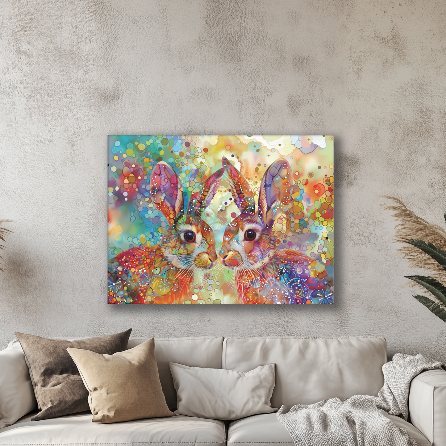 Colorful abstract painting of two rabbits on a wall above a sofa in a living room.