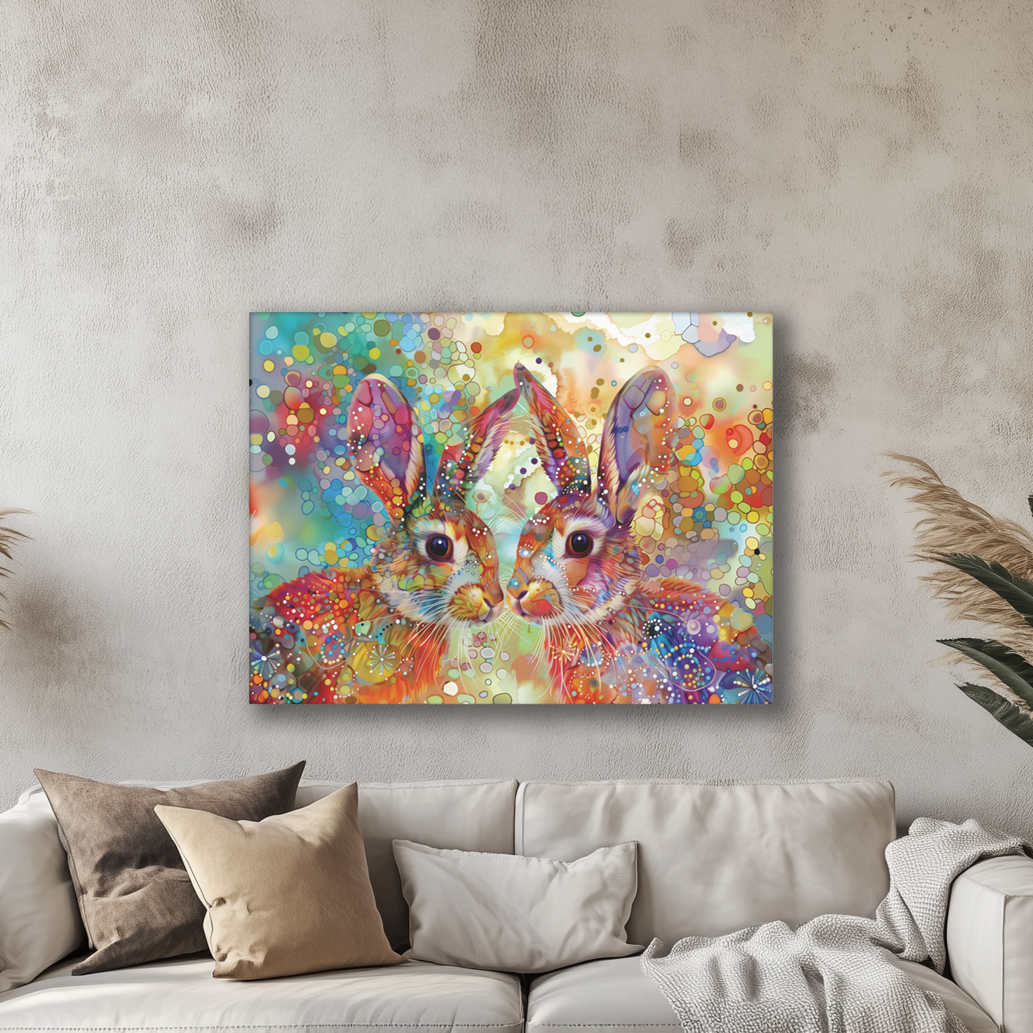 Colorful abstract painting of two rabbits on a wall above a sofa in a living room.
