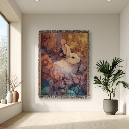 Rabbit and Floral Dream Woven Blanket, Colorful Tapestry, Bunny and Flower Cozy Home Decor Soft Pastel Throw, Living Room Sofa Bed Decor