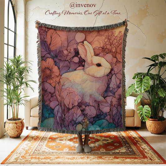 Decorative blanket with a rabbit and floral design in a room with plants and furniture.