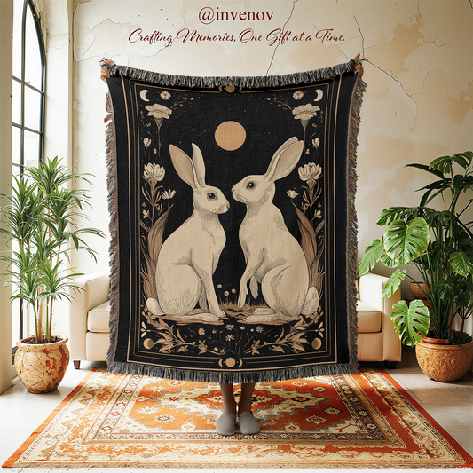 Decorative blanket with rabbit design in a room with plants and furniture.