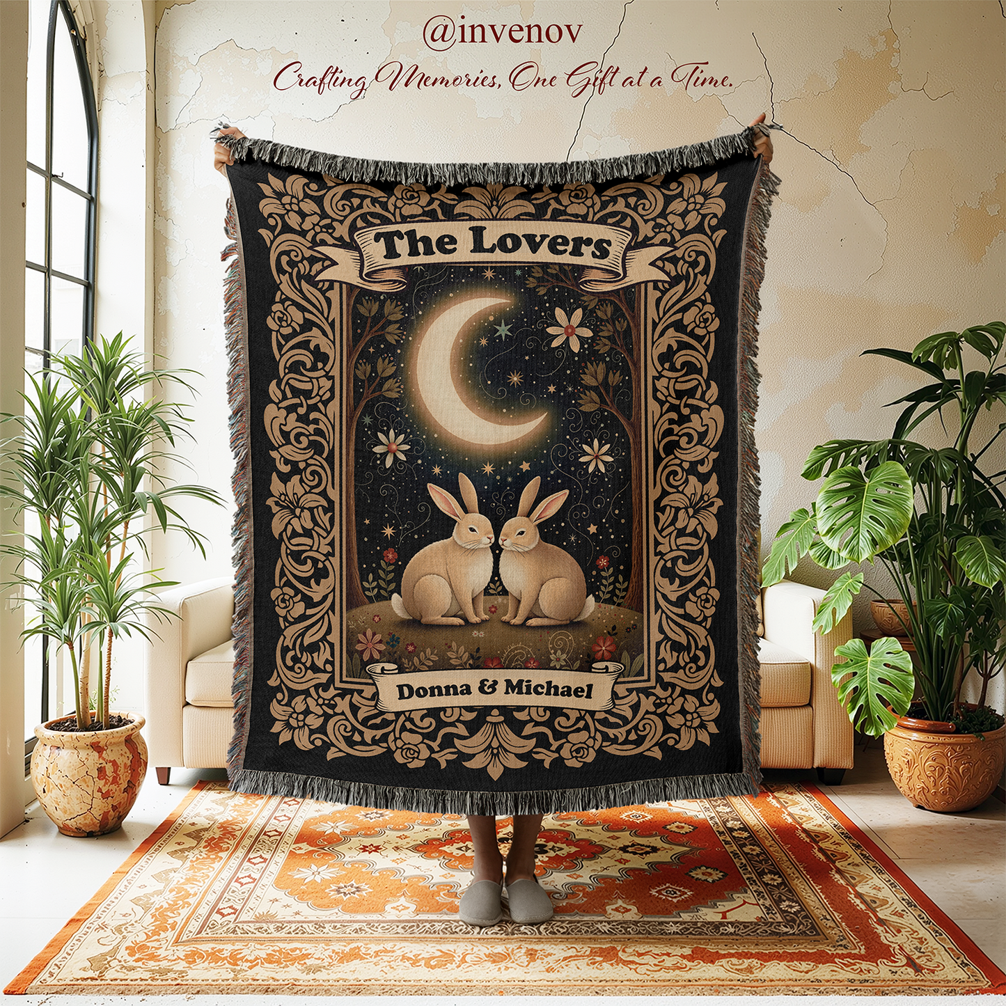 Decorative tapestry with rabbits and moon design in a room with plants and furniture.