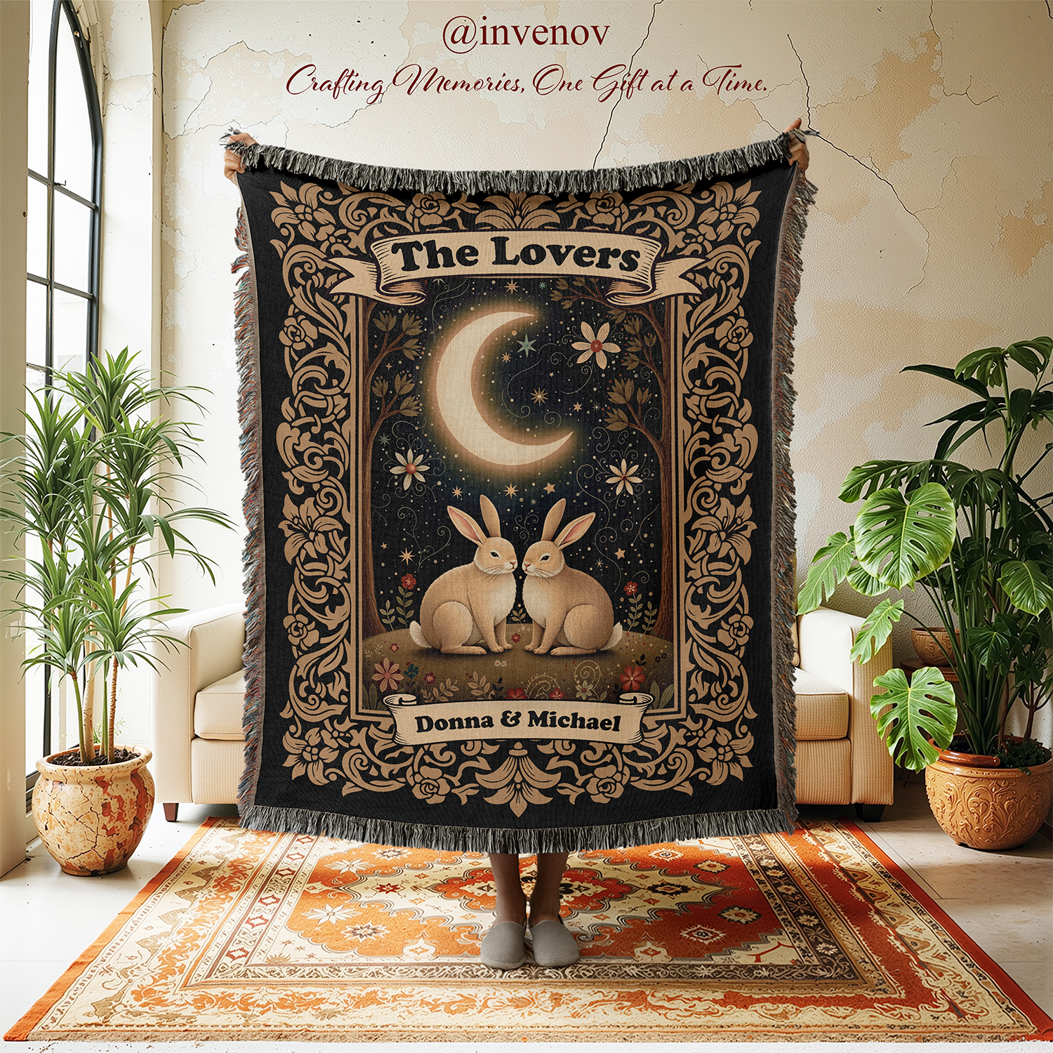 Decorative tapestry with rabbits and moon design in a room with plants and furniture.