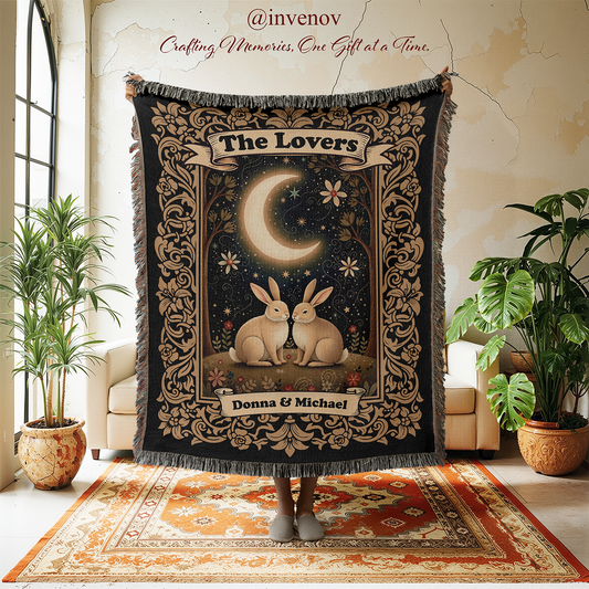 Decorative tapestry with rabbits and moon design in a room with plants and furniture.