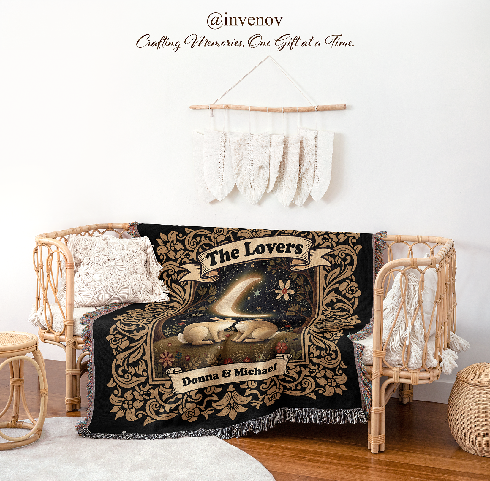 Decorative blanket with 'The Lovers' design and personalized names, displayed on a wooden bench.
