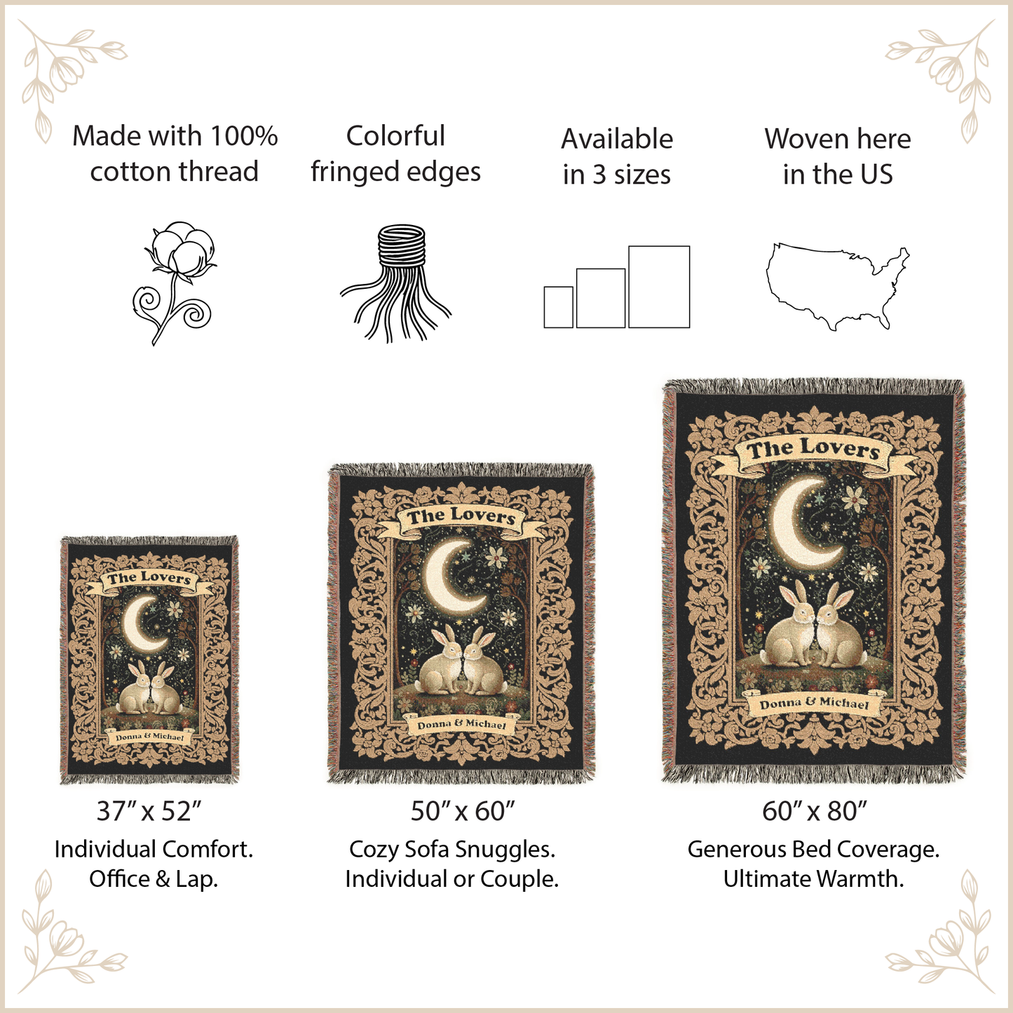 Woven blanket with 'The Lovers' design, featuring size options and product details.