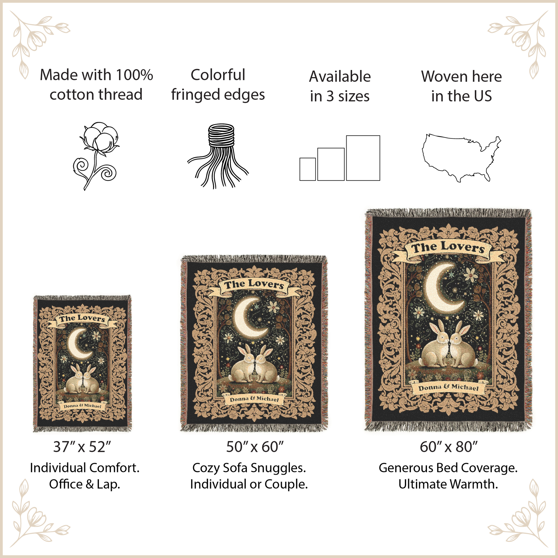 Woven blanket with 'The Lovers' design, featuring size options and product details.
