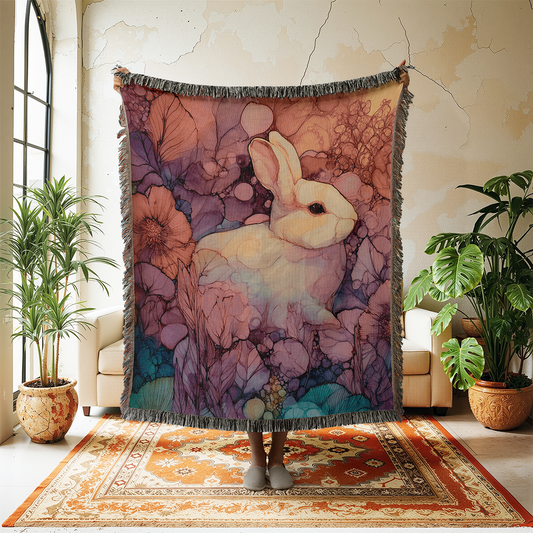 Abstract Rabbit Woven Blanket, Colorful Boho Tapestry Wall Hanging, Bunny Lover Gift Throw, Maximalist Floral Art, Cottagecore Decor