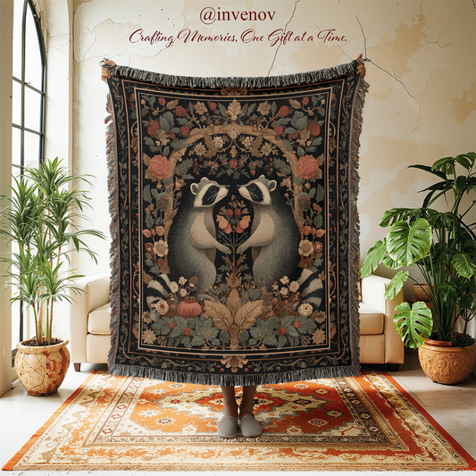Decorative tapestry with raccoon design in a room with plants and furniture.