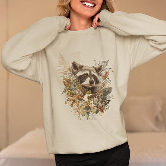 Woodland Raccoon Crewneck Sweatshirt, Floral Graphic Sweater, Nature Lover Gift, Boho Style, Rustic Wildlife Art, Fall Winter Hiking Apparel