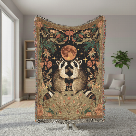 Decorative throw blanket with raccoon design in a room setting