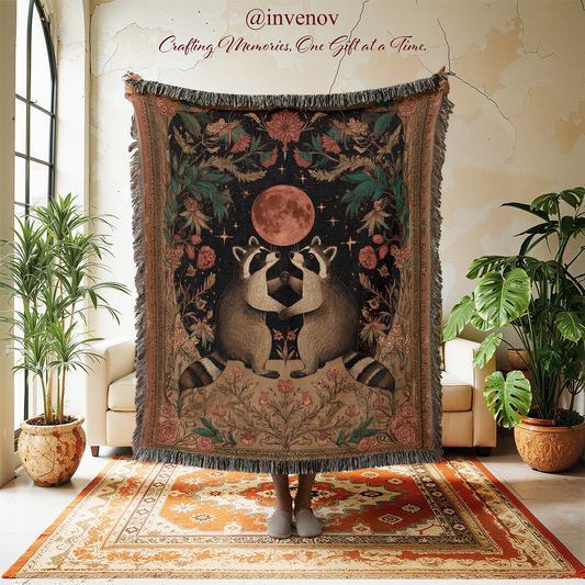 Decorative tapestry with raccoon design in a room with plants and furniture.