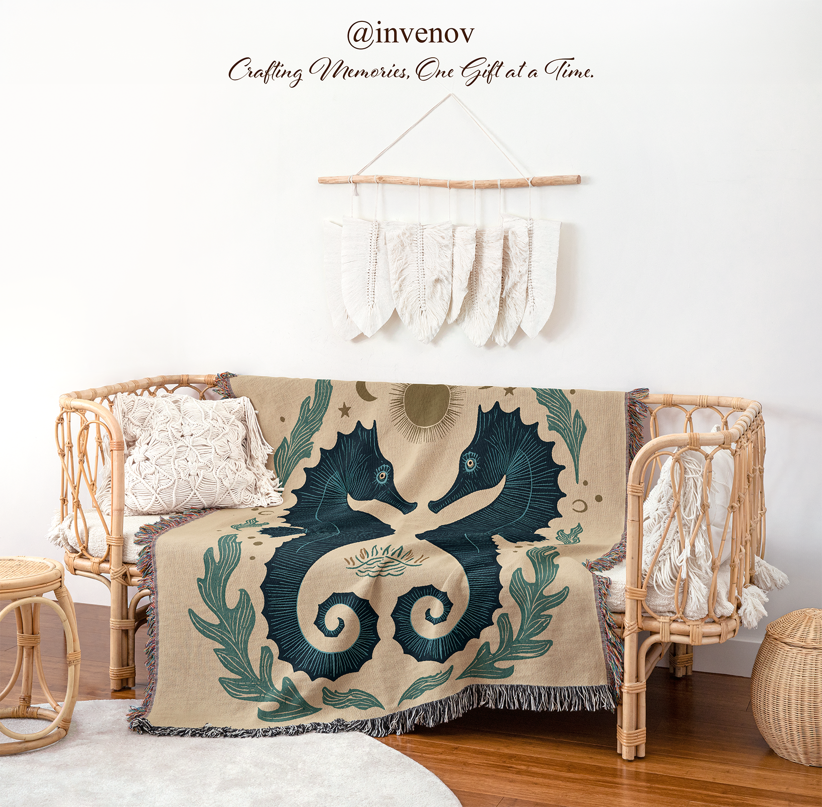 Decorative blanket with seahorse design on a couch