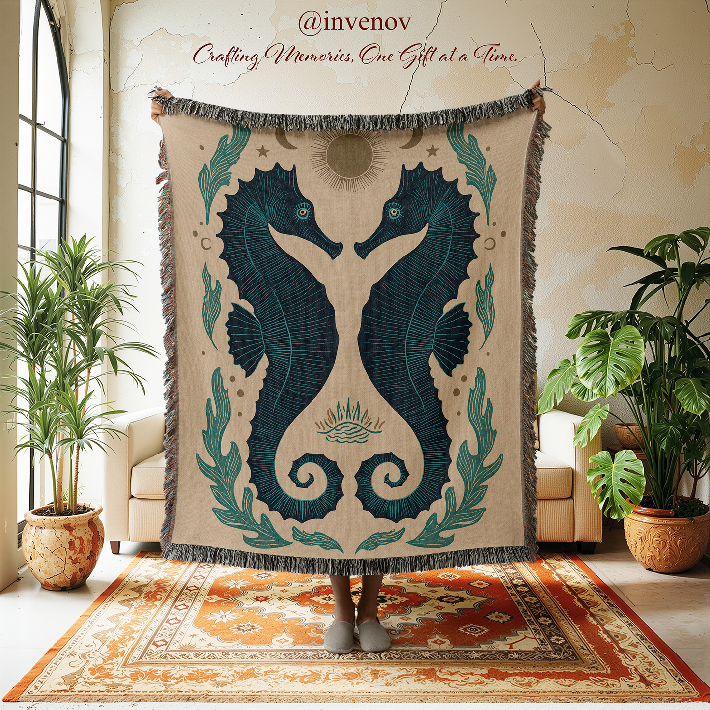 Decorative tapestry with seahorse design in a room with plants and furniture.