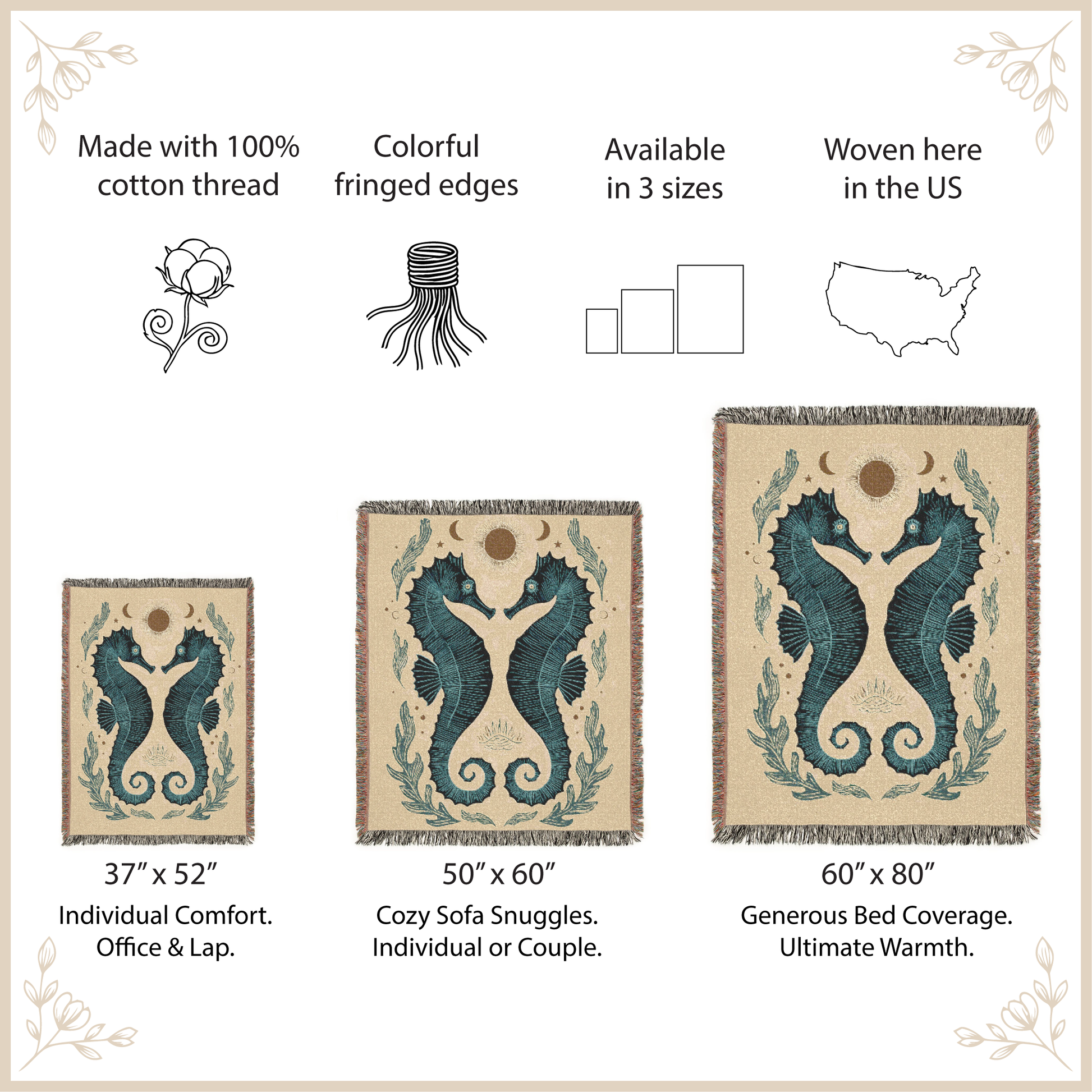 Three woven seahorse designs with size and use information on a beige background.