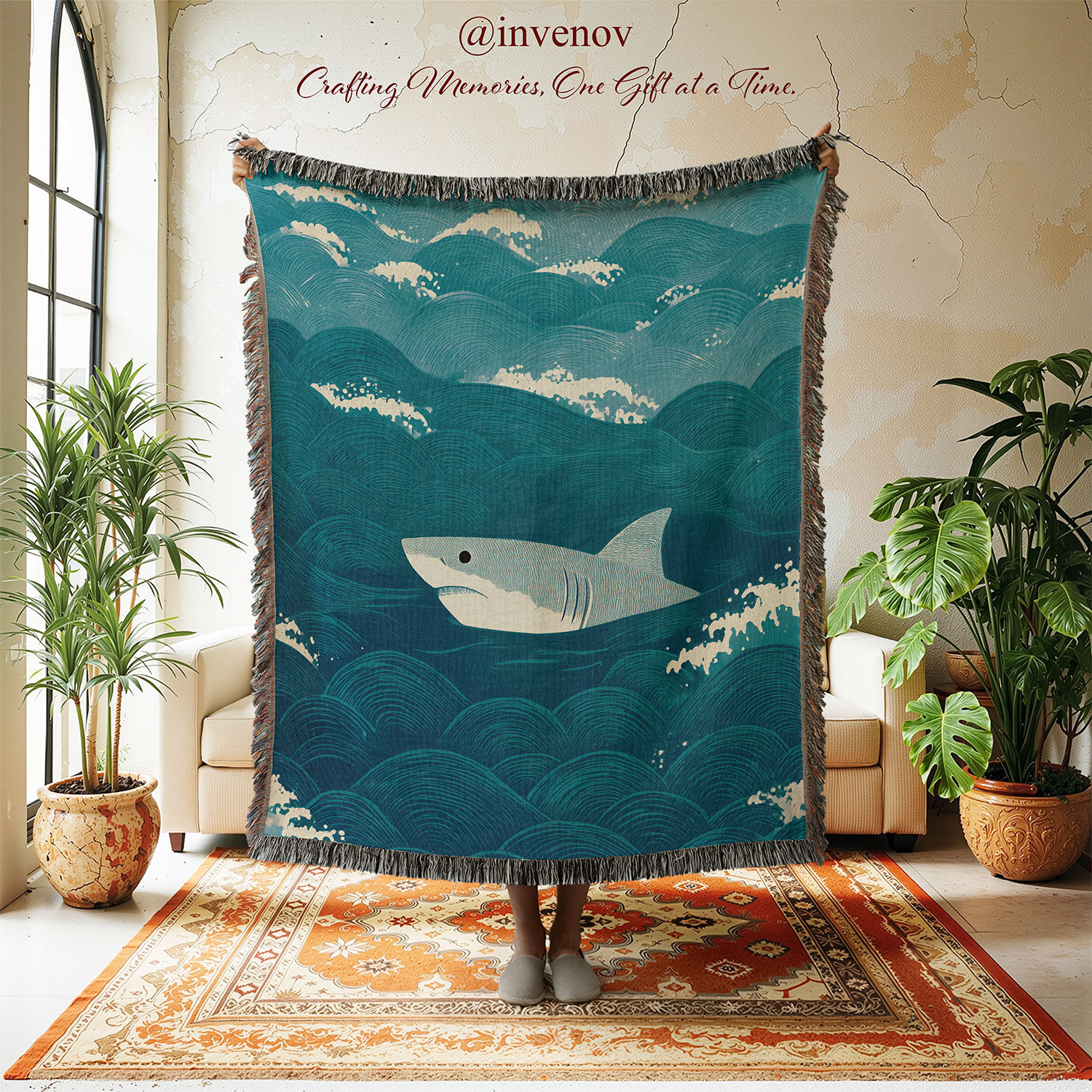 Blanket with shark design held up in a room with plants and furniture.