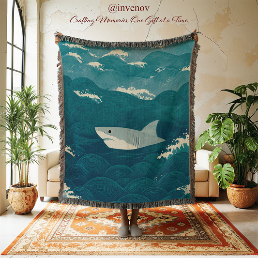 Blanket with shark design held up in a room with plants and furniture.