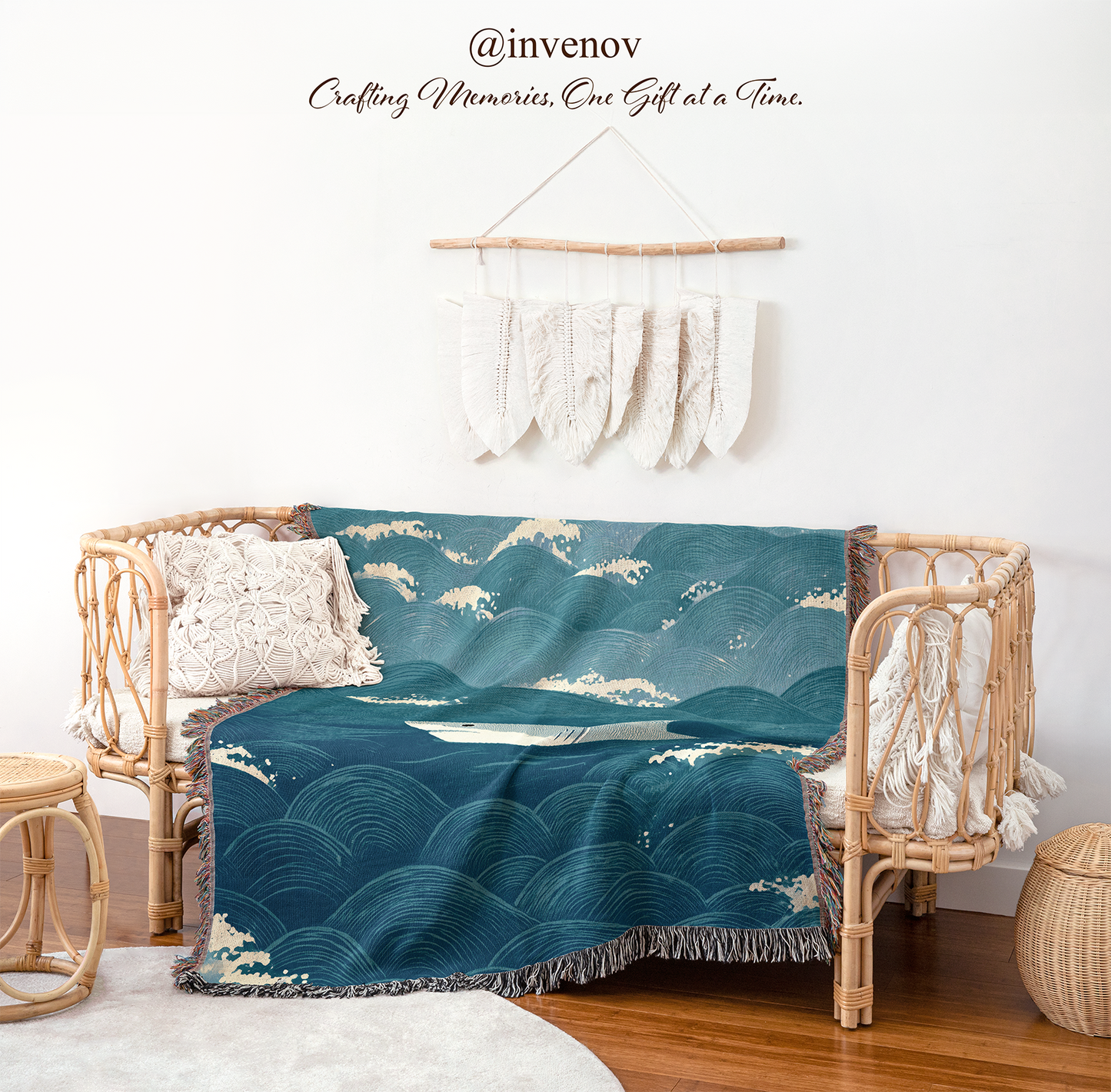 Blue wave-patterned throw blanket on a wicker chair 