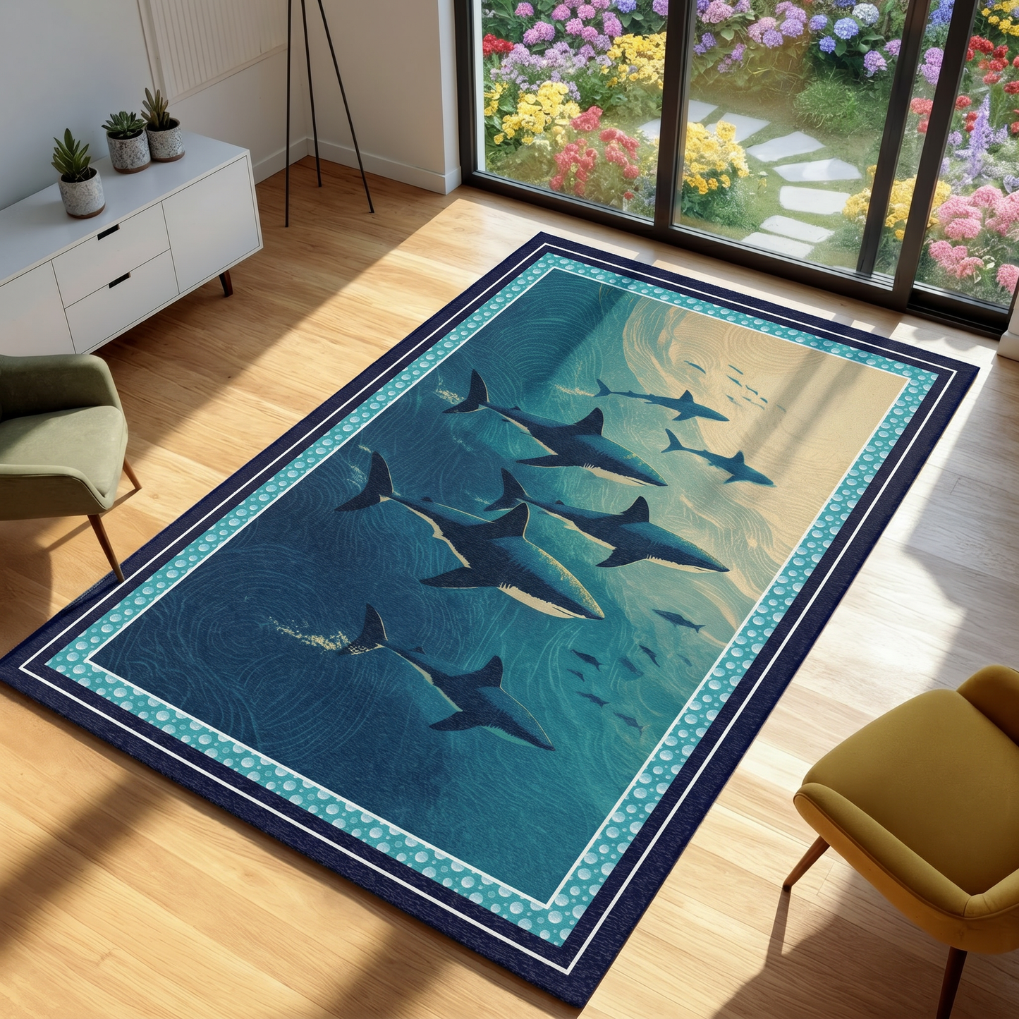 Rug with shark design on a wooden floor in a room with a garden view.