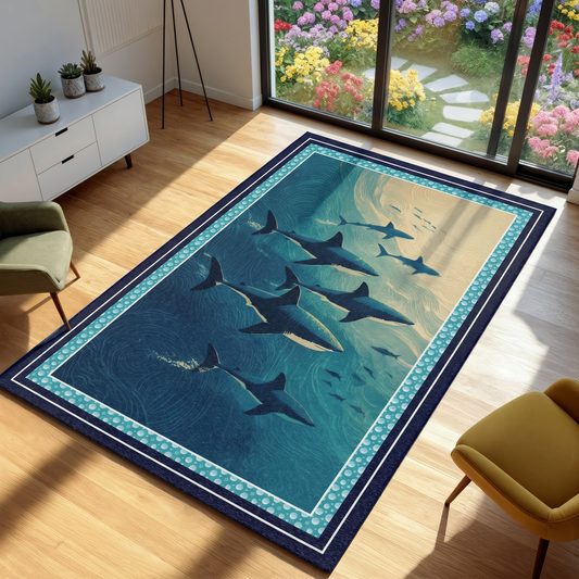 Rug with shark design on a wooden floor in a room with a garden view.