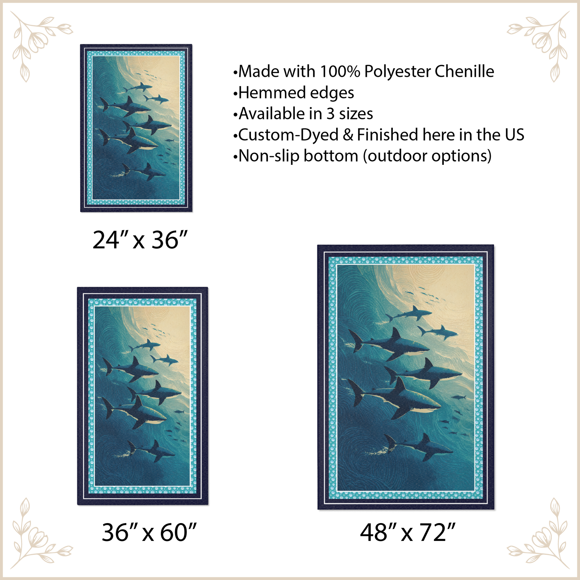 Decorative rug with shark design and size options displayed.