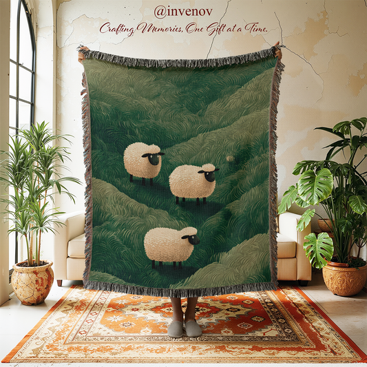 A large woven throw blanket with fringe is held up in a bright room. The blanket features a green hillside pattern with three cream-colored sheep with black faces.