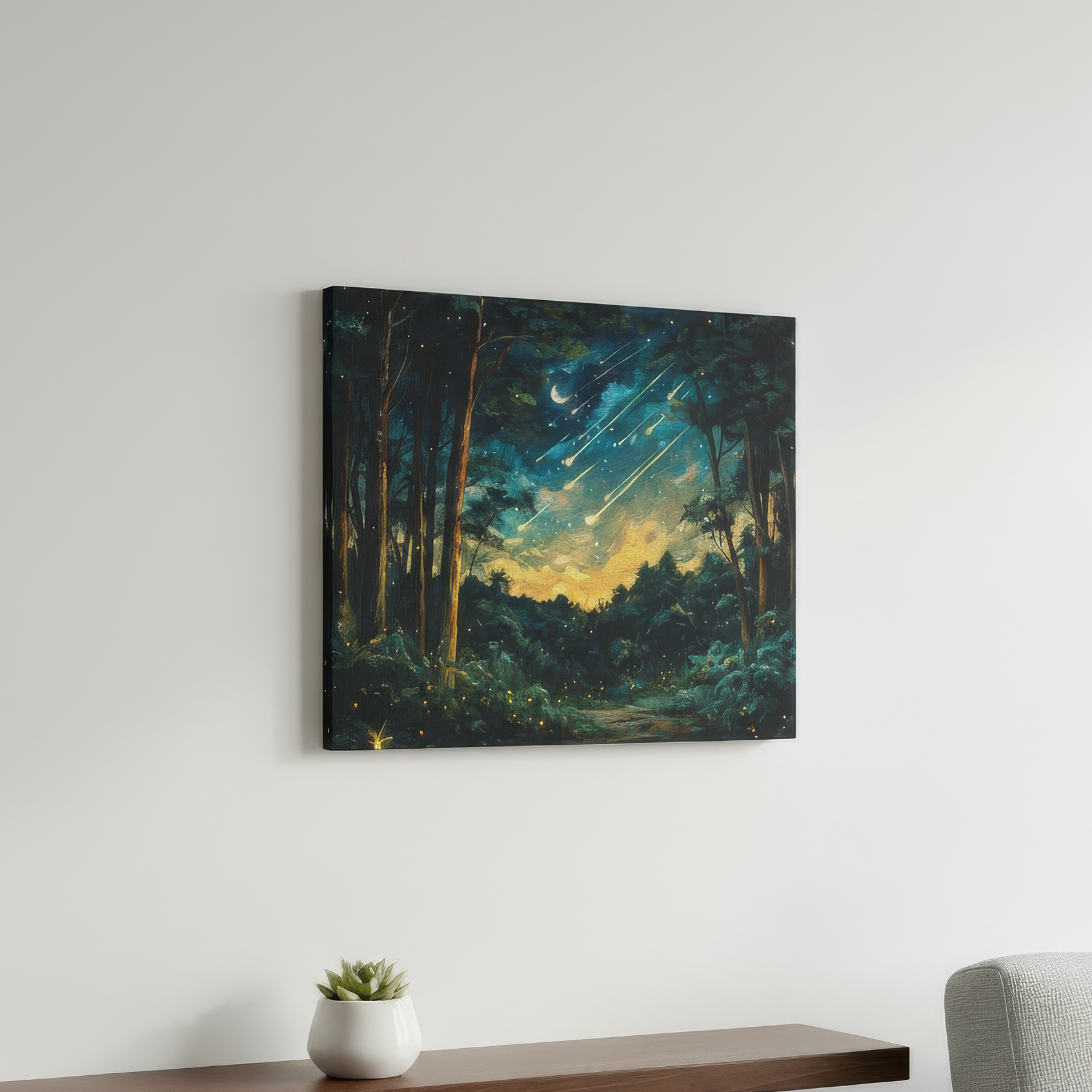 Framed artwork of a forest scene with a starry sky above a wooden shelf and chair.