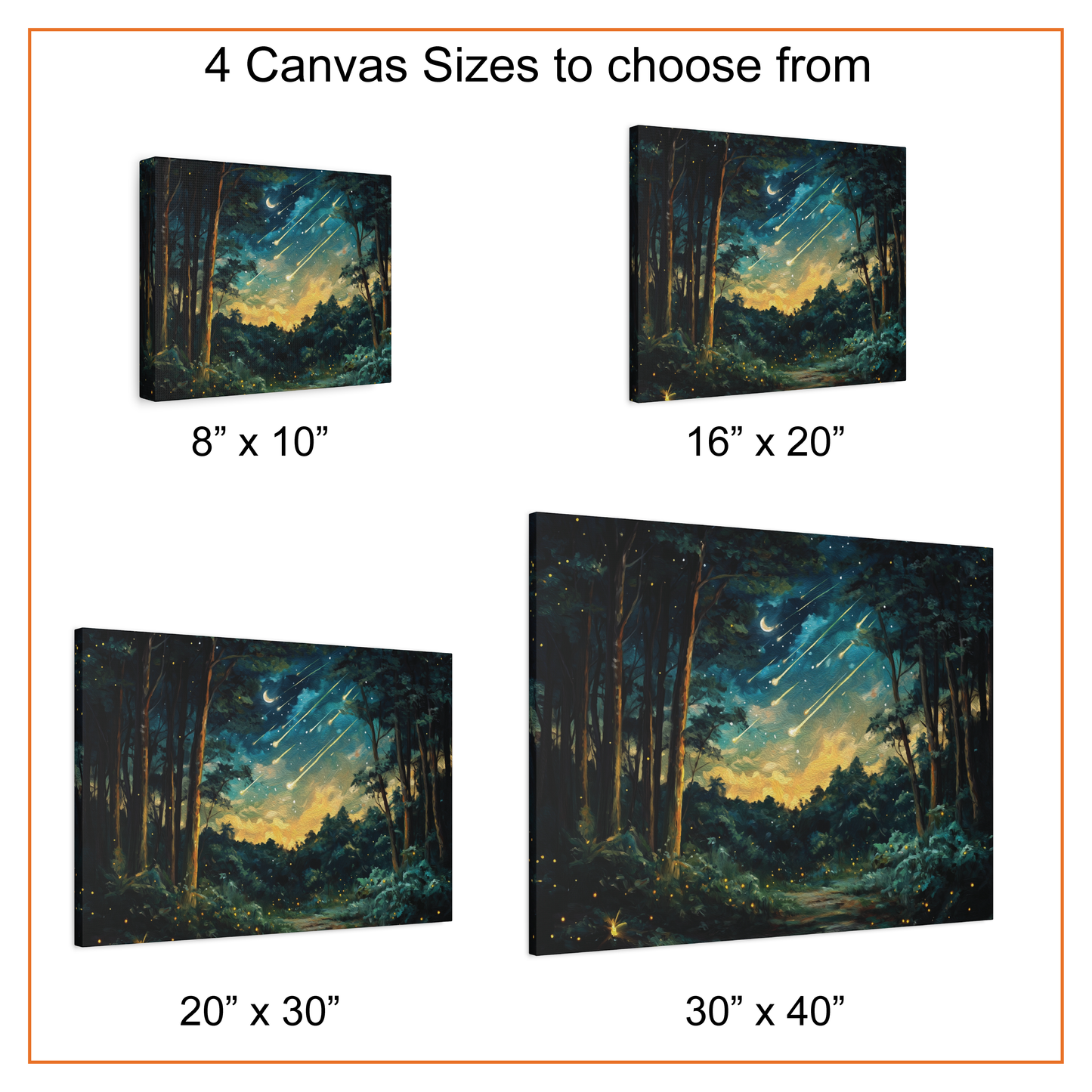 Canvas prints of a forest scene with different sizes displayed.