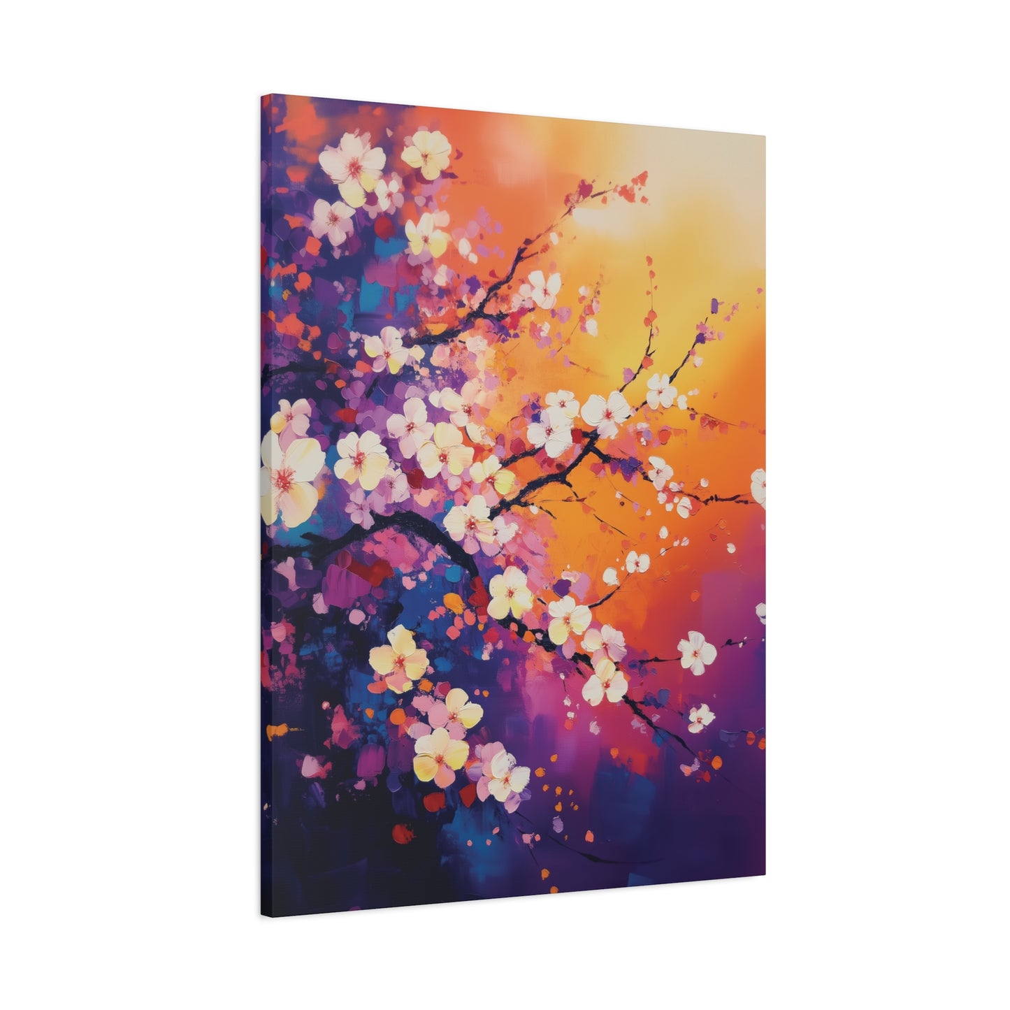 Canvas print of a colorful cherry blossom painting with a vibrant sunset background.