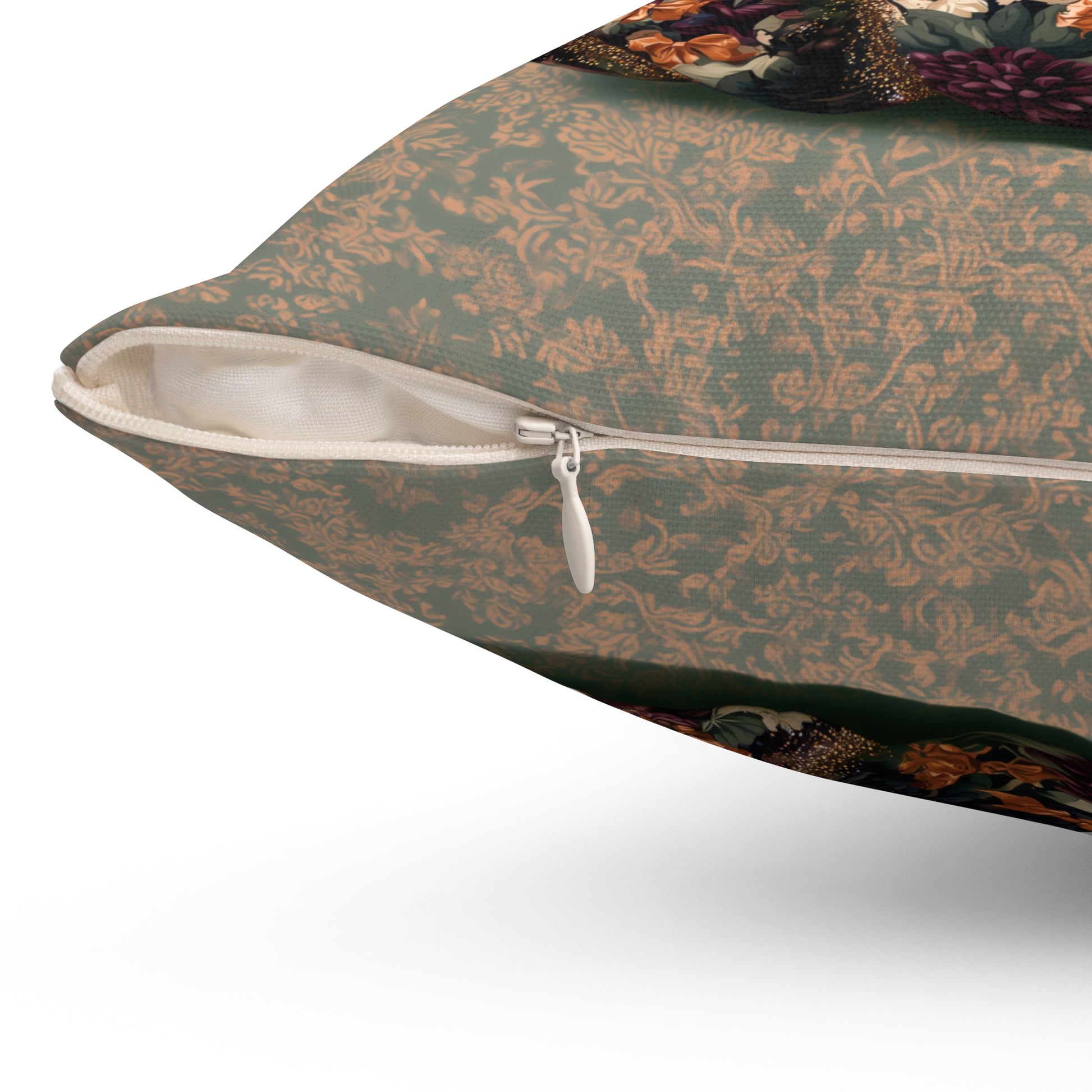 A close-up of a decorative throw pillow showing its patterned fabric, a silver zipper, and a white inner lining against a white background.