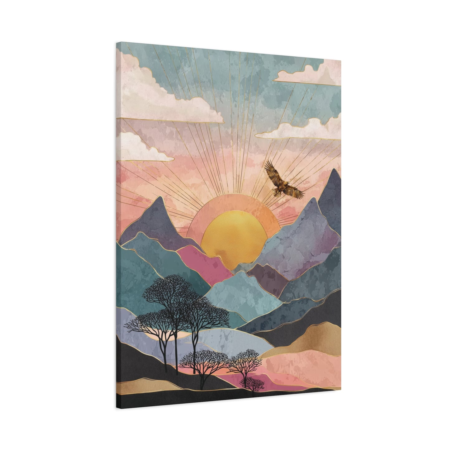 Boho Eagle Sunrise Canvas, Abstract Mountain Art Poster Print, Artistic Eagle Flying Over Mountain Wall Decor, Pastel Landscape Poster