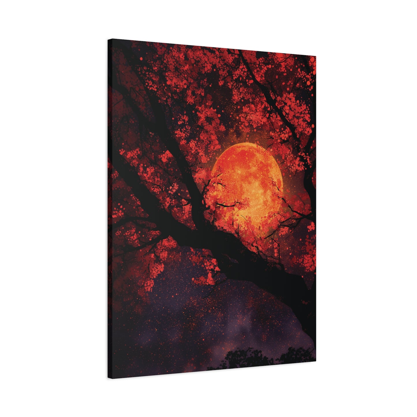 Celestial Red Blood Moon Cherry Blossom Nightscape Canvas or Poster Art Print, Red Moon & Tree Silhouette Wall Decor, Home Decoration