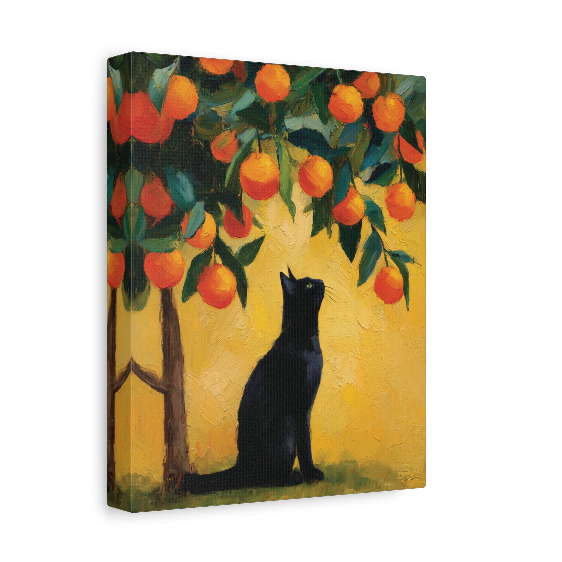 Canvas print of a black cat under an orange tree with a warm yellow background