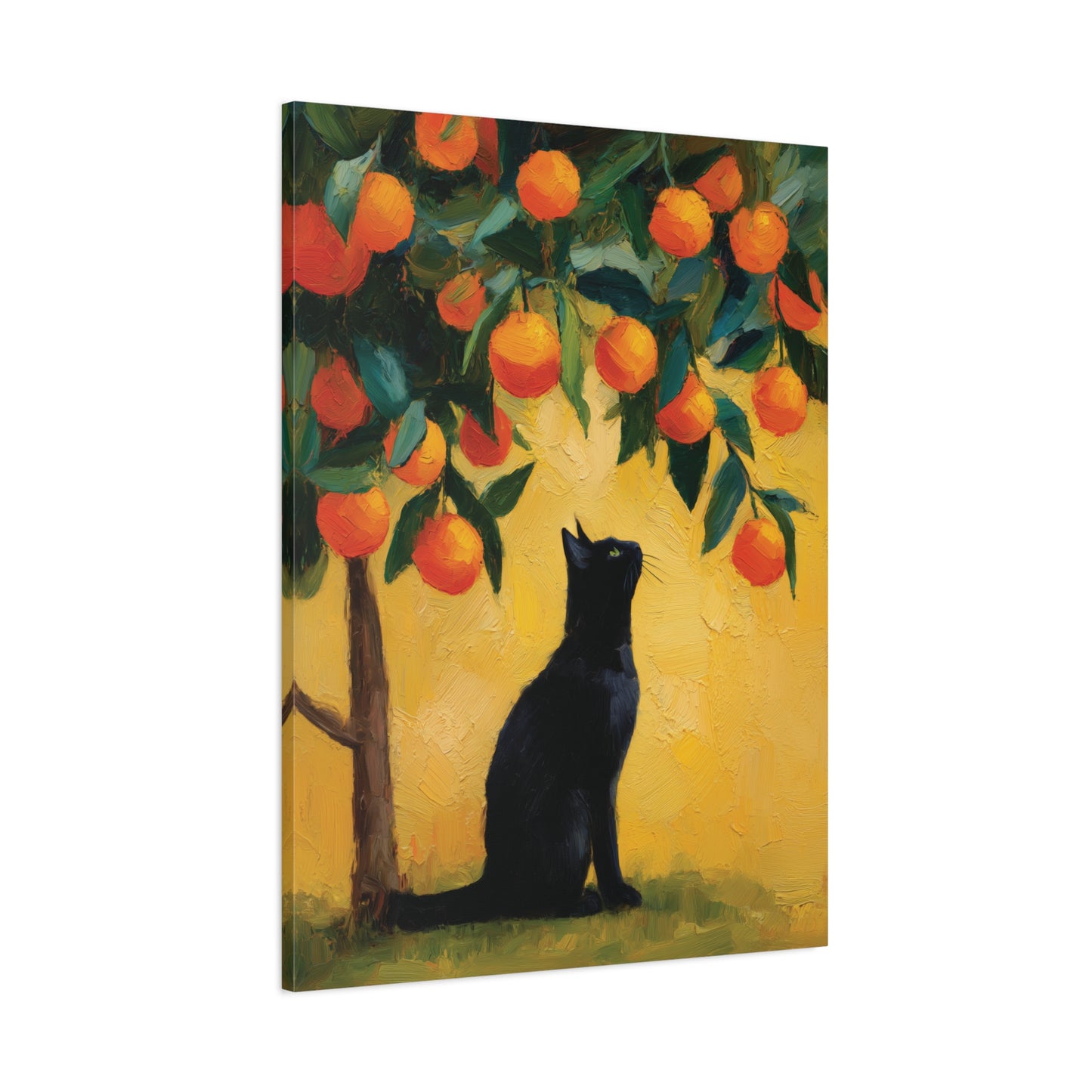 Canvas print of a black cat under an orange tree with oranges on a yellow background