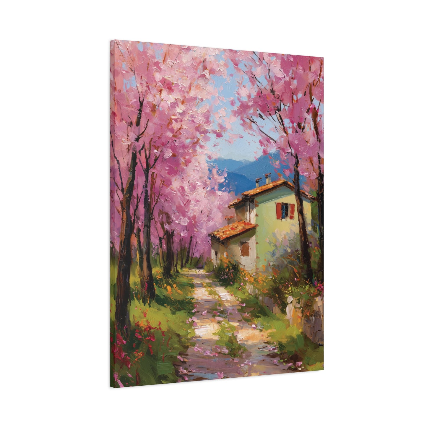 Countryside Path with Cherry Blossom Trees Wall Art Canvas or Poster Print, Rustic House Spring Landscape Painting Home Living Room Decor