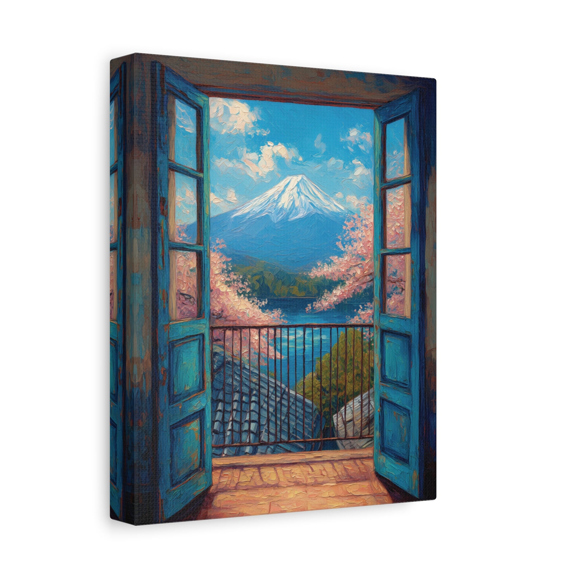 Canvas print of a scenic view with a mountain and cherry blossoms through an open window.