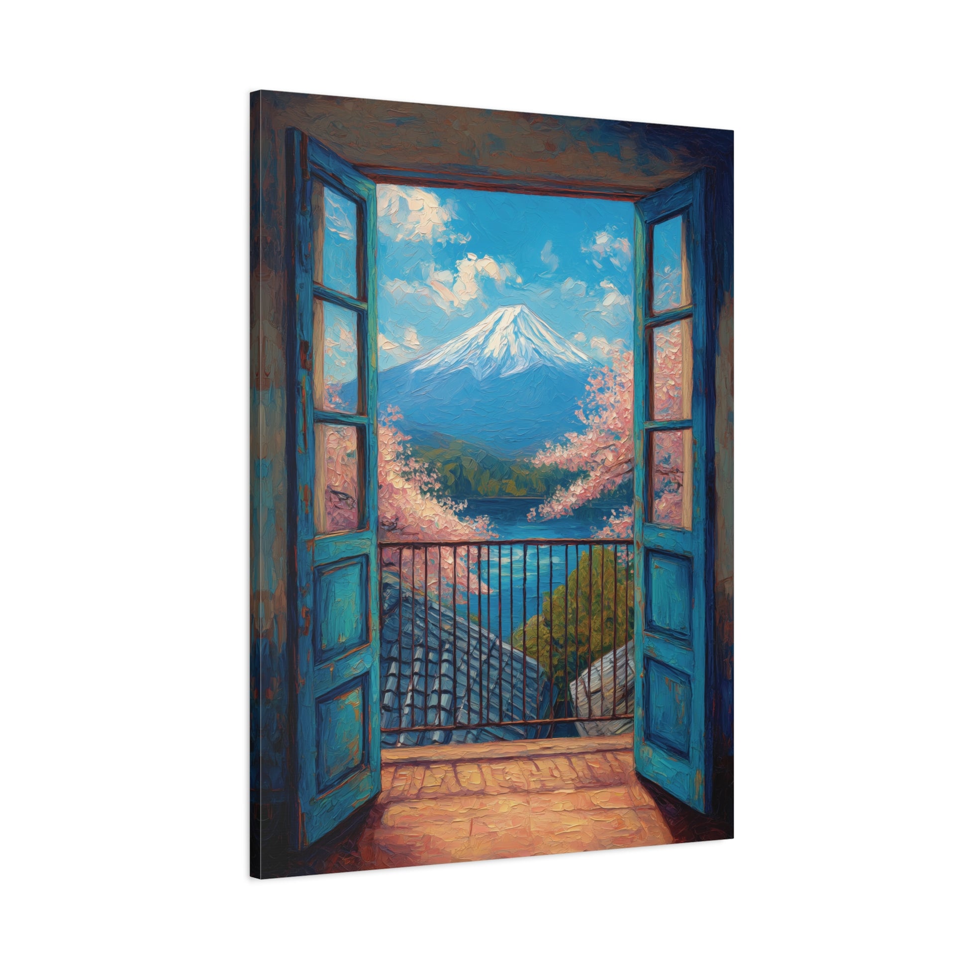 Painting of an open door leading to a scenic view of a mountain and cherry blossoms.