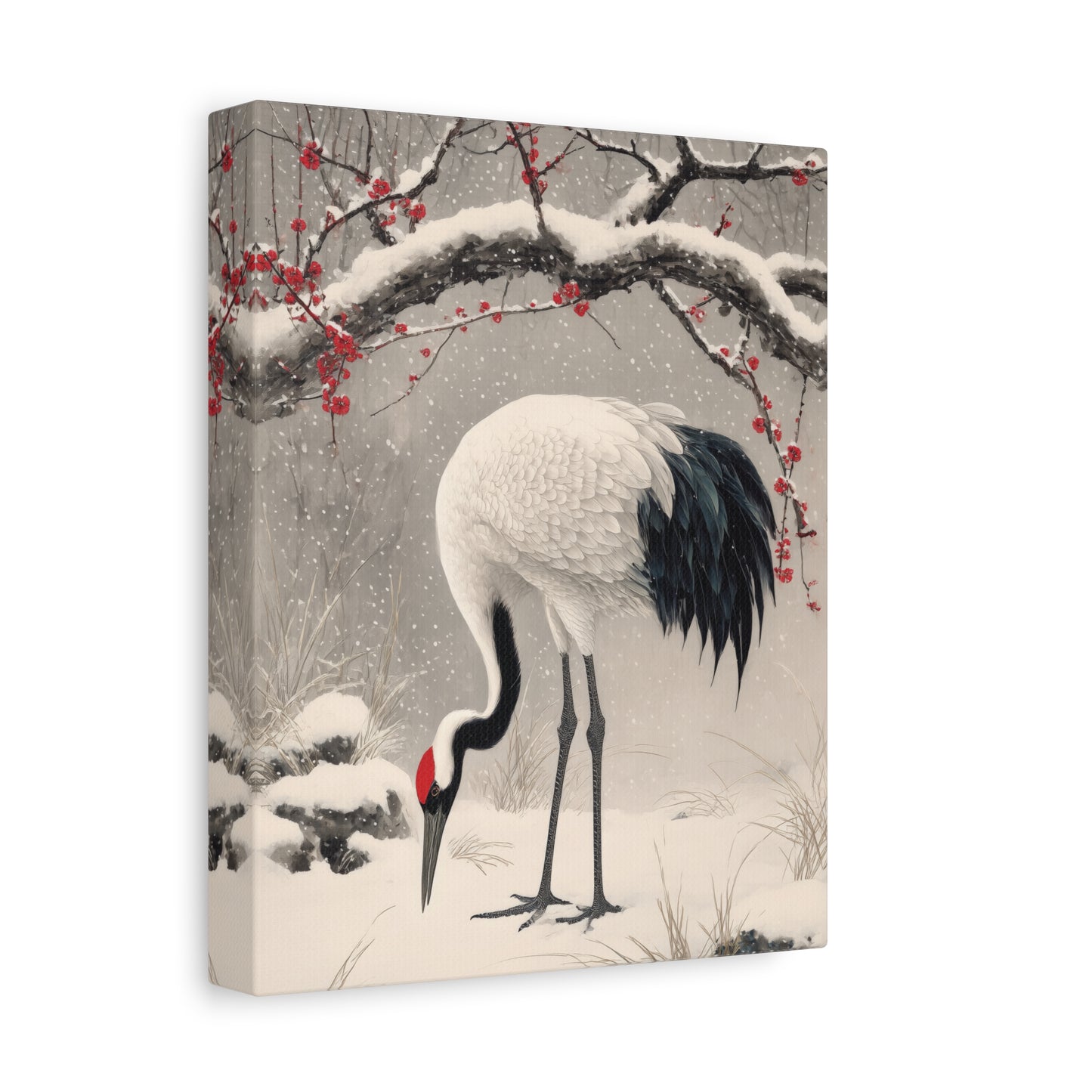 Canvas print of a crane bird in a snowy landscape with red berries.