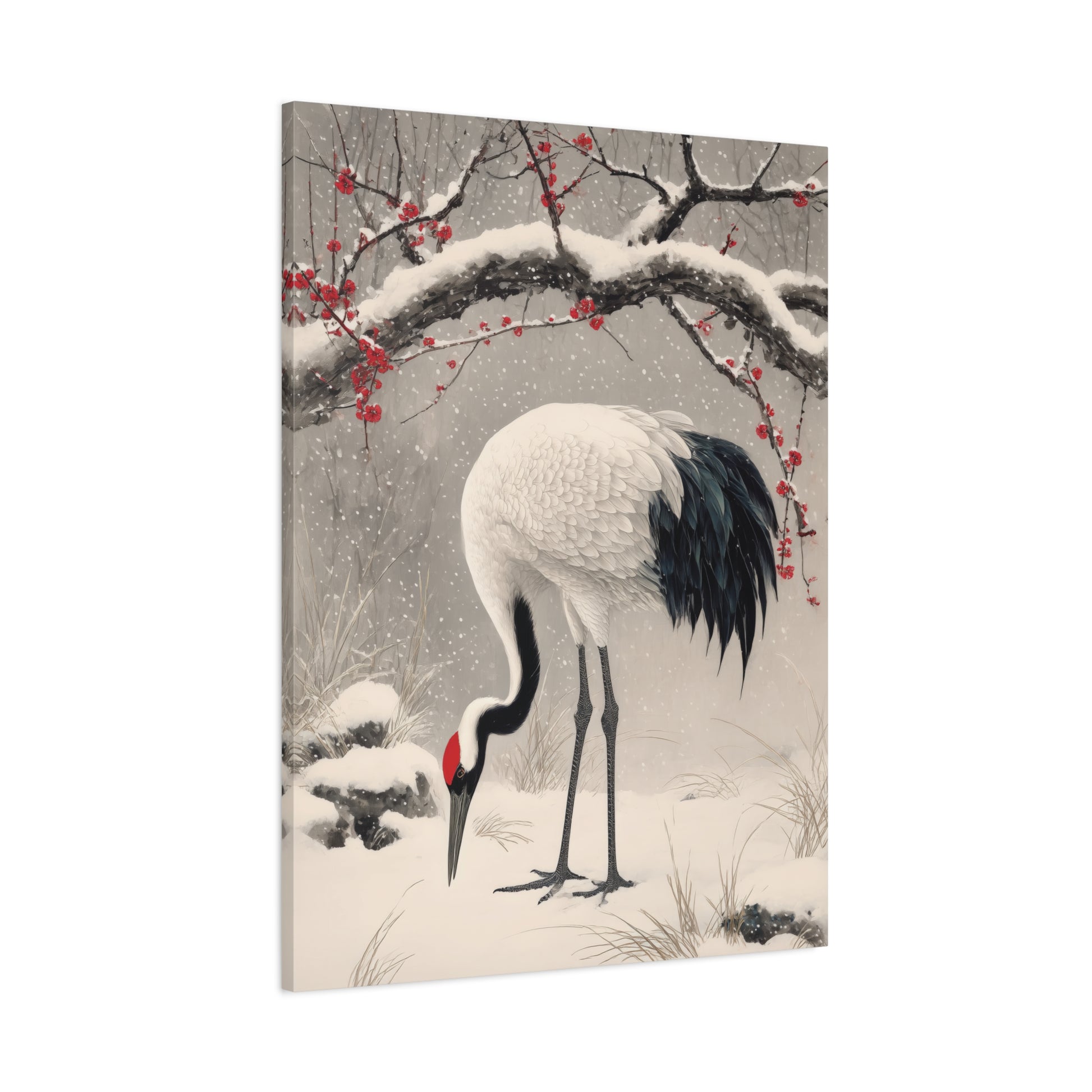 Canvas print of a crane bird in a snowy landscape with red berries.