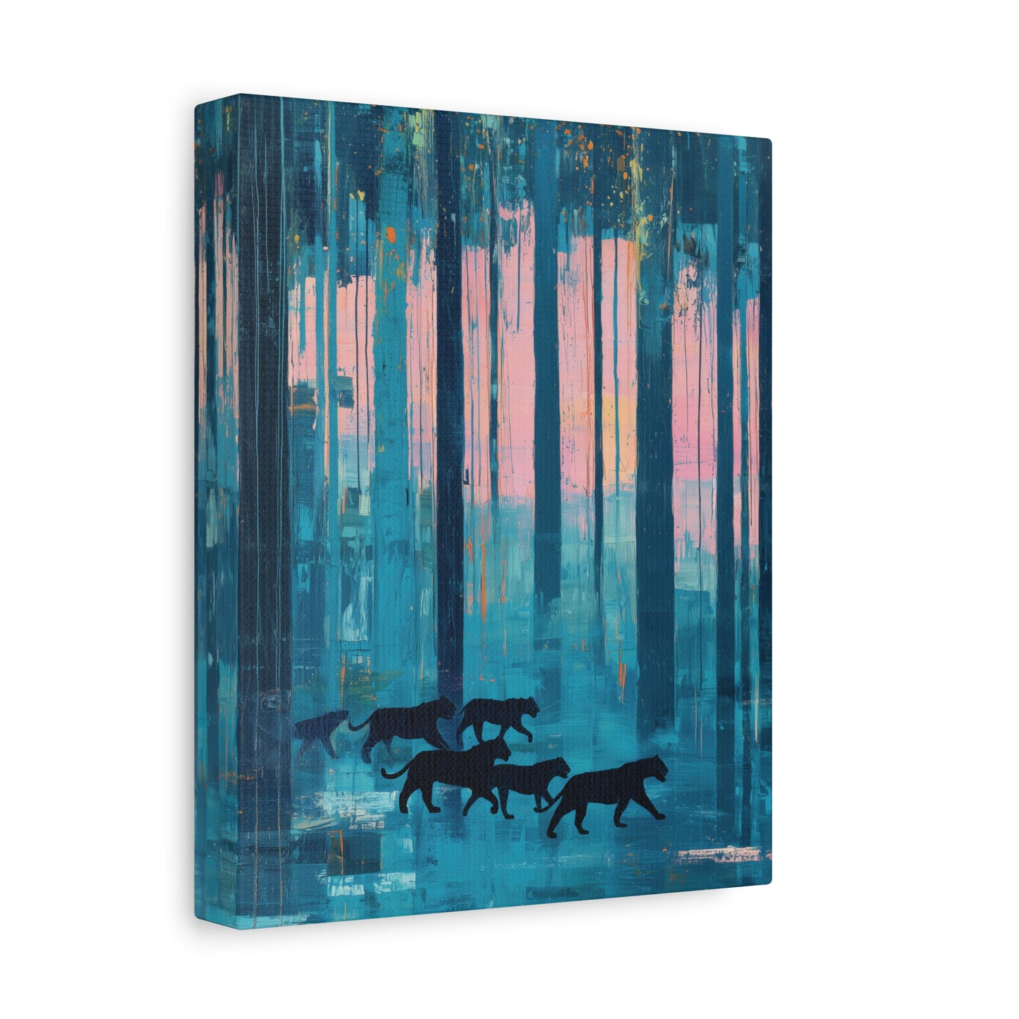 Abstract Blue Forest Tiger Canvas, Teal Pink Landscape Wall Art, Modern Wildlife Poster Print, Moody Maximalist Decor, Tiger Nature Print