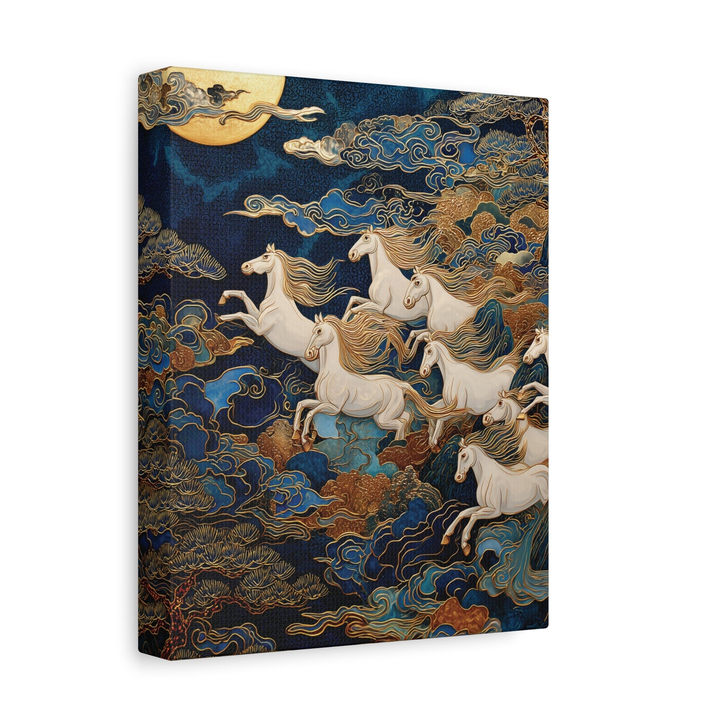 Eight White Horses Canvas, Year of the Horse, Japanese Art Poster Print, Asian Celestial Poster, Full Moon Wall Art, Mythical Animal Decor