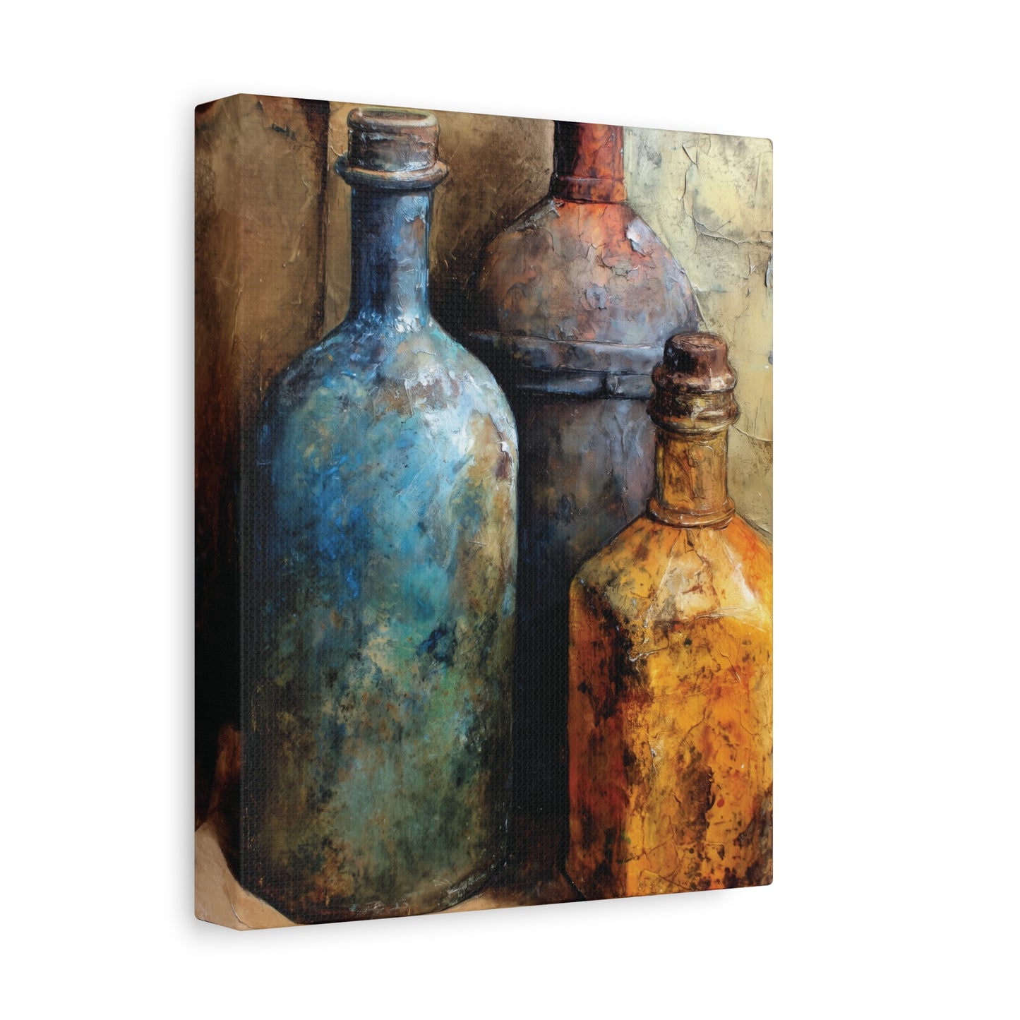 Canvas print of three textured bottles on a white background