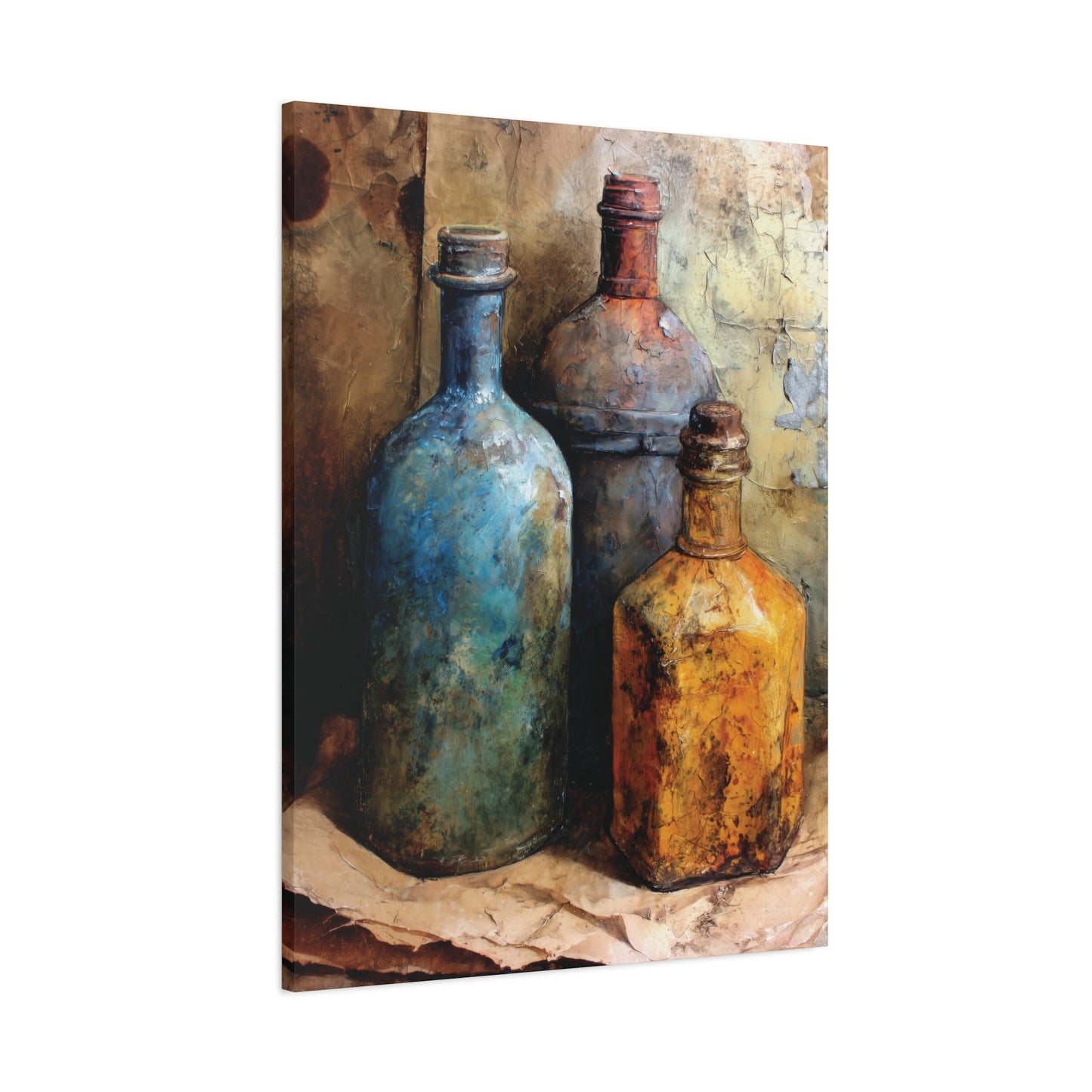 Canvas print of three old bottles with a textured background