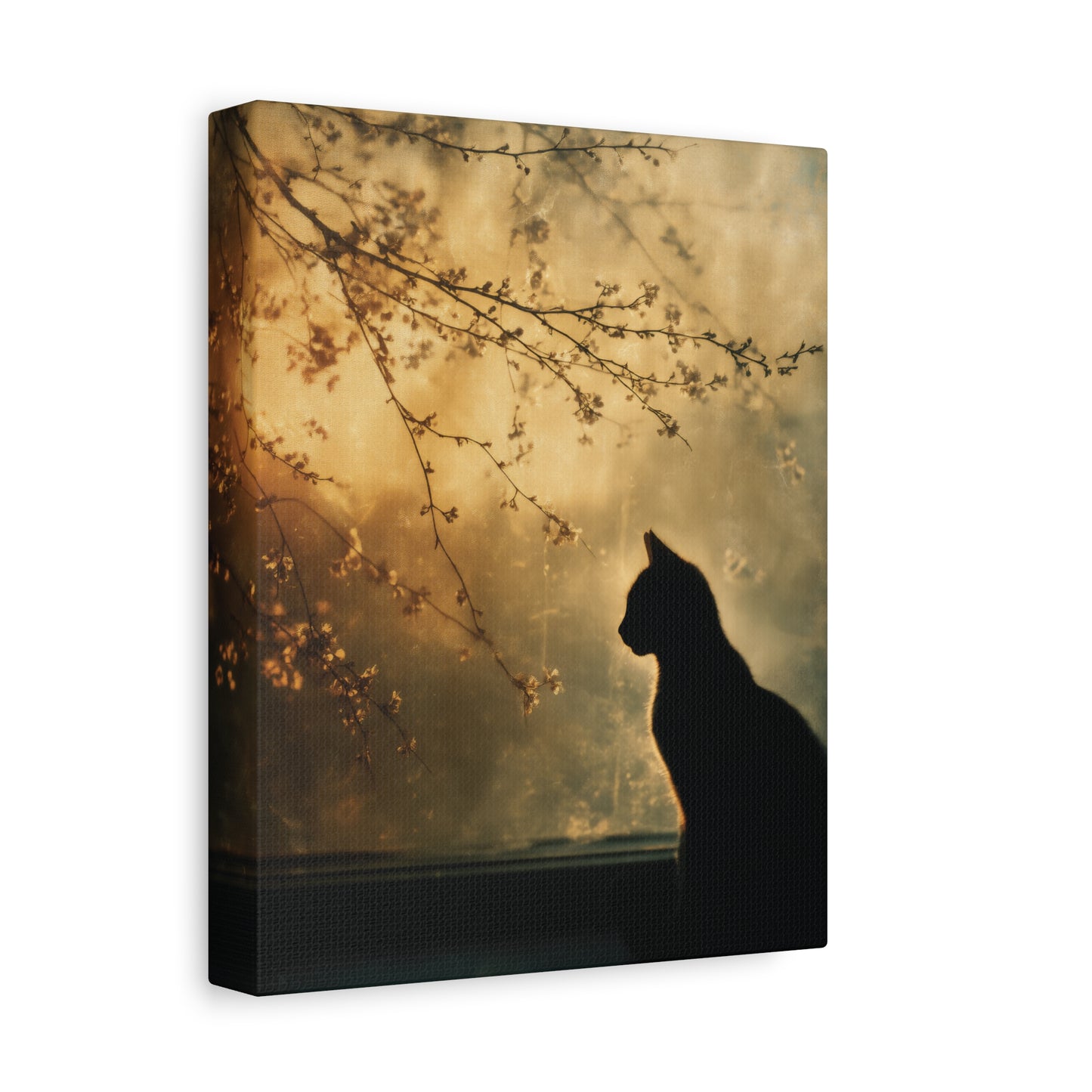 Canvas print with a silhouette of a cat and branches against a warm, sunset-like background.