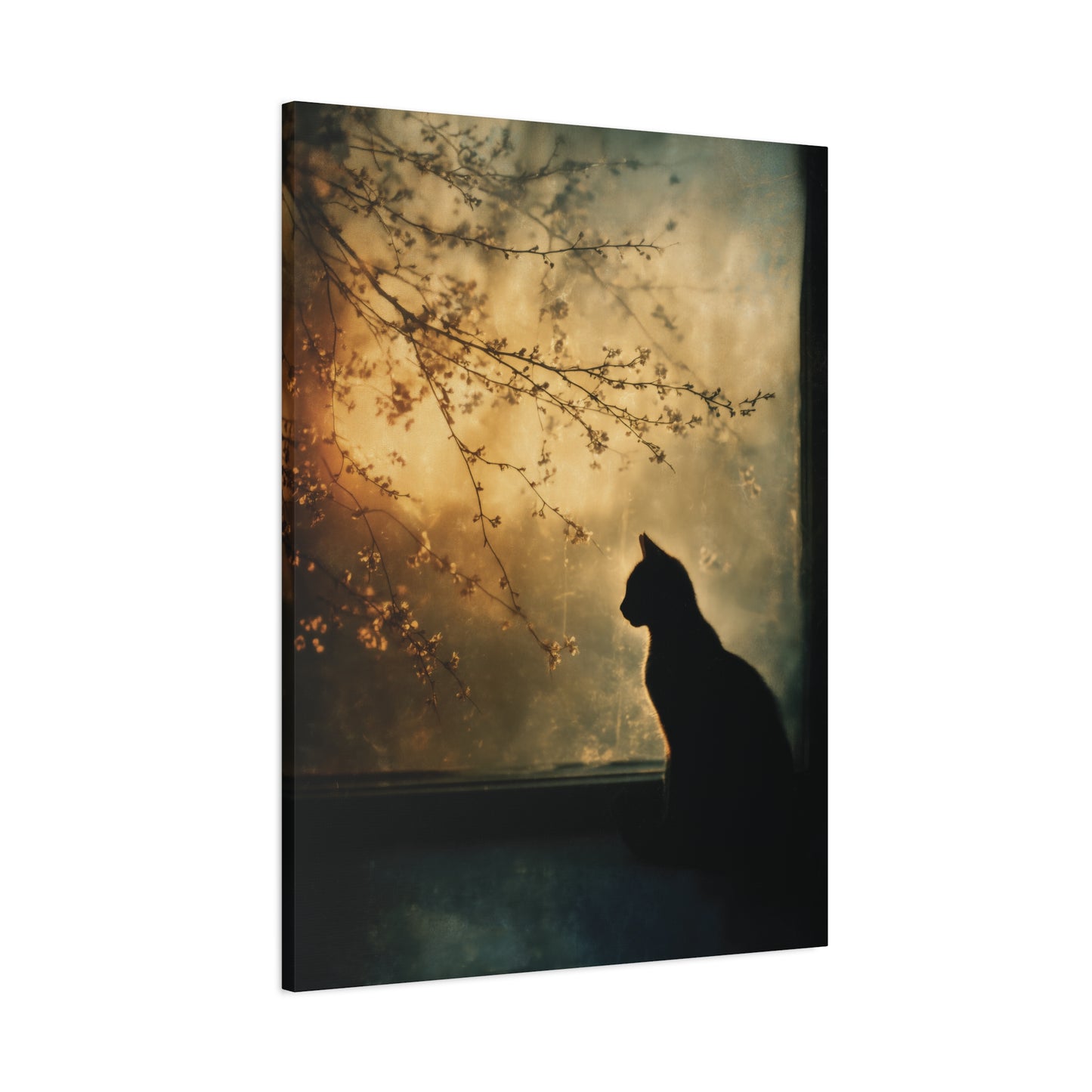 Canvas print of a silhouette of a cat against a sunset sky with tree branches.