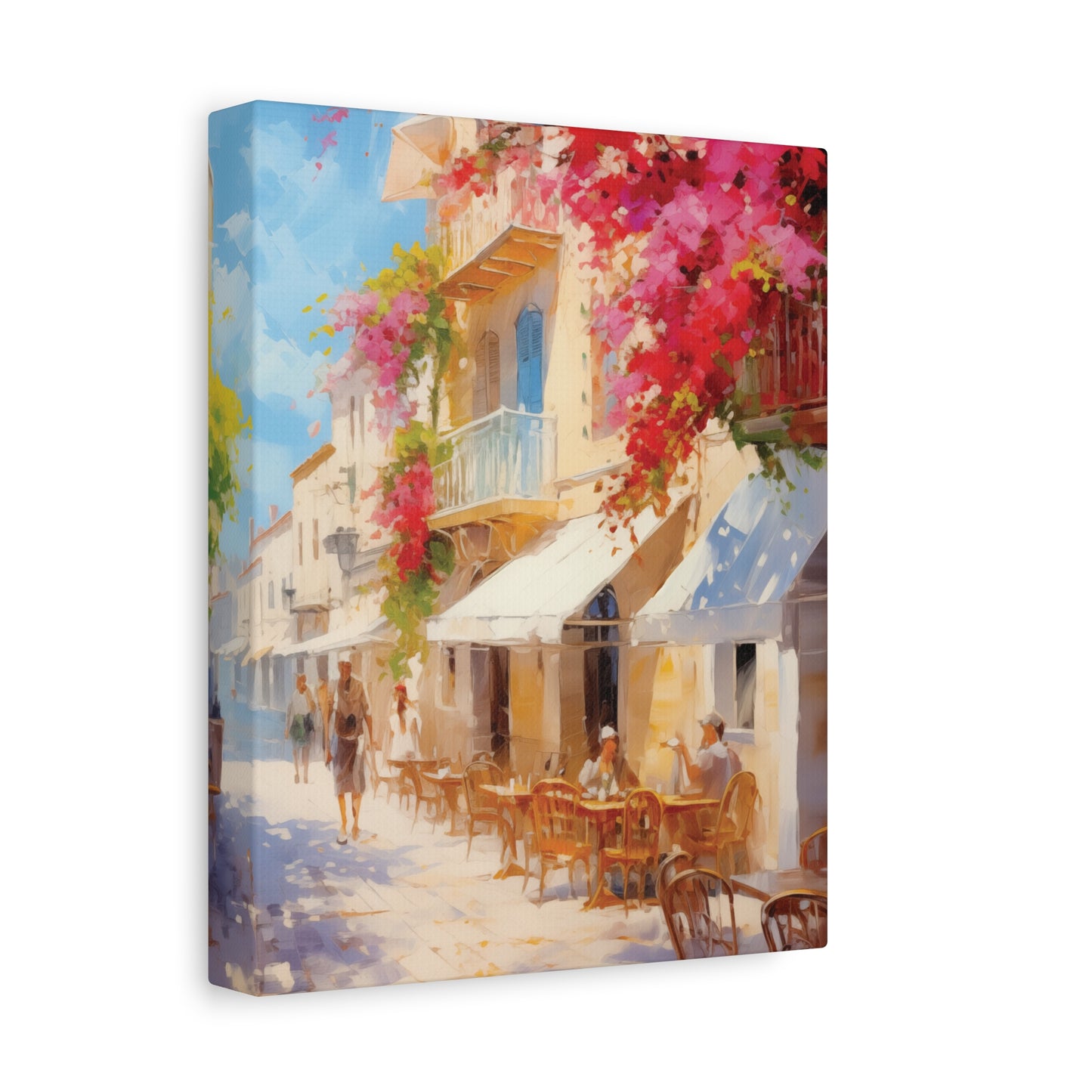 Canvas print of a colorful street scene with people and flowers.